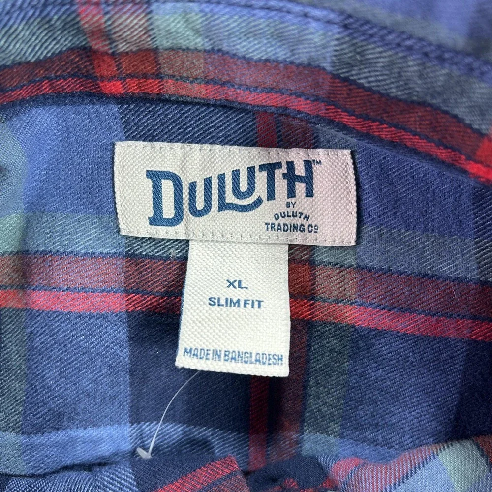 NWOT Duluth Trading Shirt Mens XL Blue Plaid Flannel Button Down Slim Fit Casual